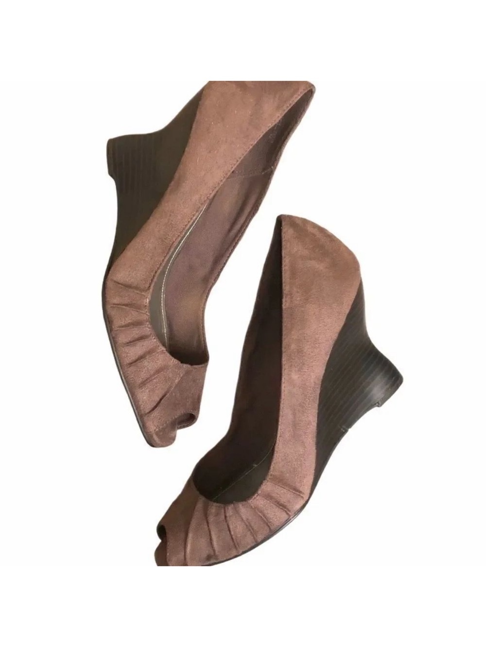 FIONI Brown Suede Peep-Toe Wedge Heels